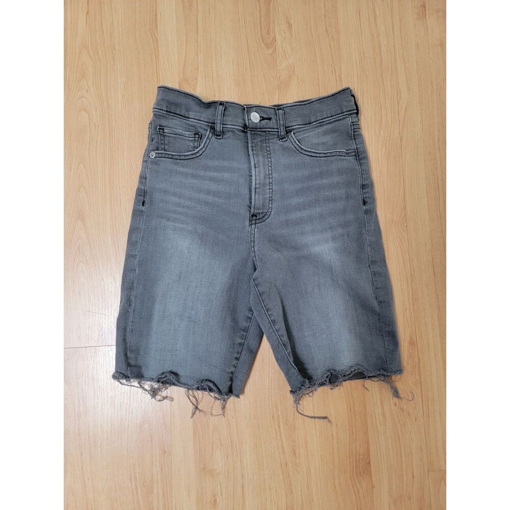 Express High Rise Bermuda Denim Shorts Gray Frayed Hem Women’s 2